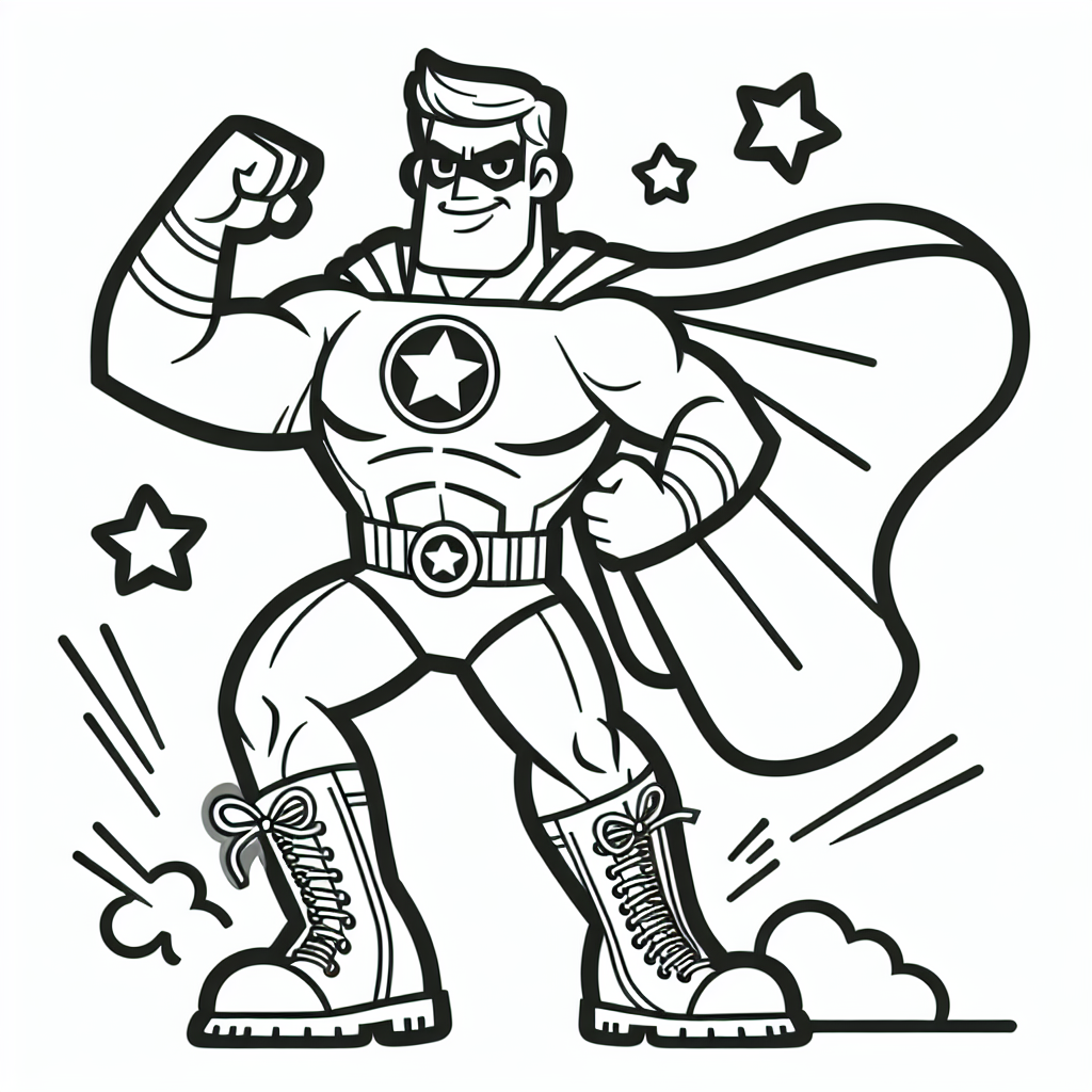Create a black and white, basic outlined coloring page suitable for a 7-year-old child, featuring a strong superhero with a star emblem on his chest, powerful boots, and a shield. Please include a scene where he is flying in the air. This should not be associated with any copyrighted characters.