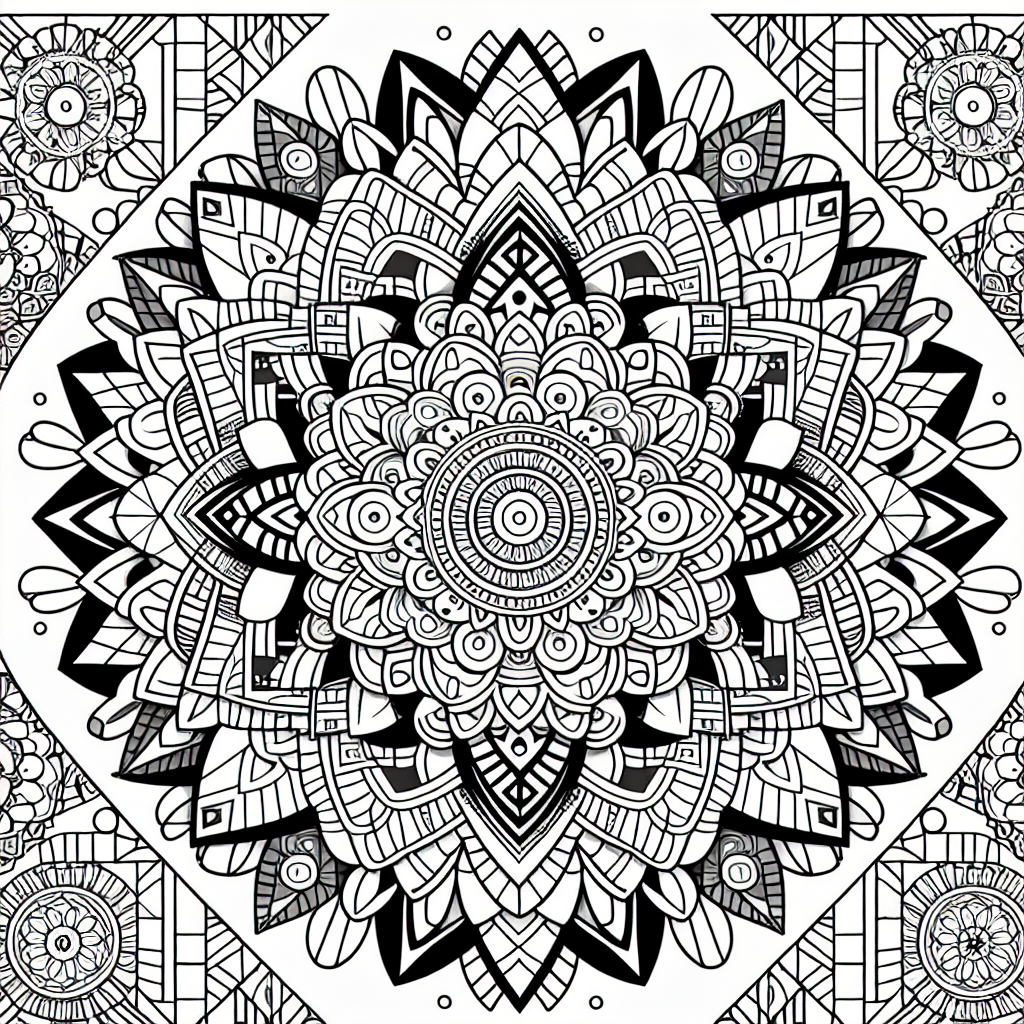 A simple and appealing black and white coloring page designed for a 7 year old child. The page should showcase a beautiful and intricate mandala design, filled with numerous geometric shapes and patterns, inviting creativity and exploration with color.