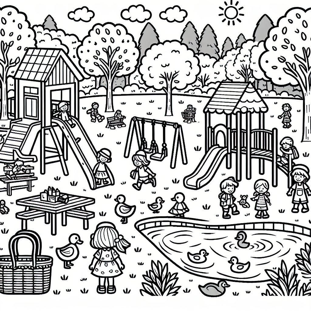 Create a black and white coloring book page suitable for a 7-year-old. The page should feature a scene from a typical day in a park with children of various ages playing. Include elements like trees, a playground with slides and swings, a pond, ducks, and a picnic basket. Make sure the scene is simple and child-friendly.