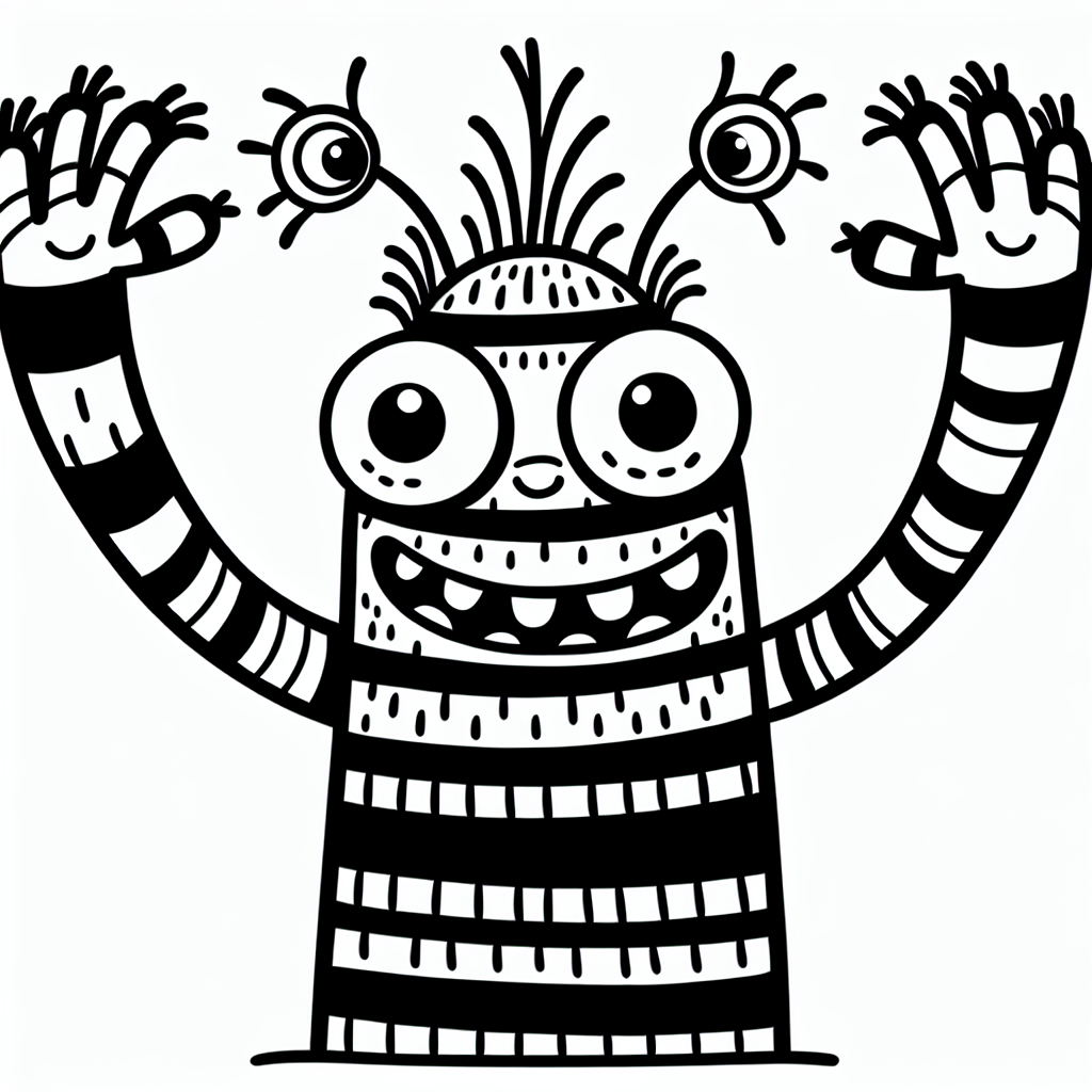 Create a black and white coloring page suitable for a 7 year old. The illustration should feature a tall, friendly creature with oversized arms and a large welcoming smile. This creature's unique features should include an oversized head, tufts of hair sticking up from the top, eyes wide apart, and pinstriped body design.