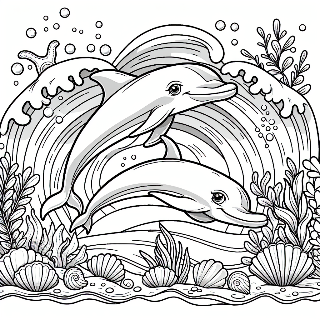 Design a simple black and white coloring page for a 7-year-old child featuring playful dolphins swimming in the ocean waves. The scene should focus on the dolphins, spotlighting their unique charismatic features and elegance in the water. Add an array of oceanic plants at the sea bed, a few clams, and a starfish to make the scenario more engaging and enjoyable for coloring.