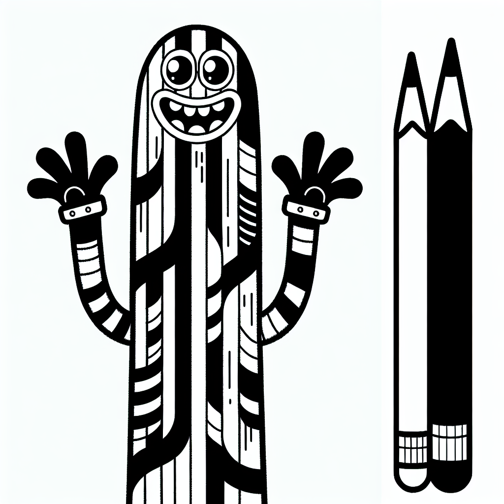 Create a black and white coloring page suitable for a 7-year-old. The image should depict a friendly, tall and abstract creature with elongated arms and a wide smile. It should have a striped pattern on its body and wear a pair of neat gloves. The design should be simplistic and inviting for a child to color in, emphasizing the fun and creative aspect of coloring.