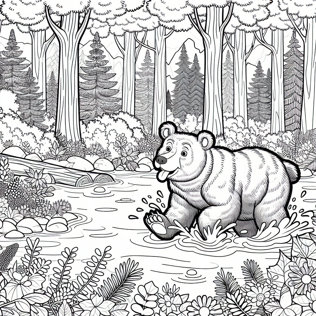 A highly detailed but simplistic black and white illustration portraying a friendly bear in nature, suitable for a coloring book page aimed at seven-year-old children. The bear is in the center of the image, playfully splashing in a stream surrounded by dense woodland. The scene has lots of empty spaces for coloring.