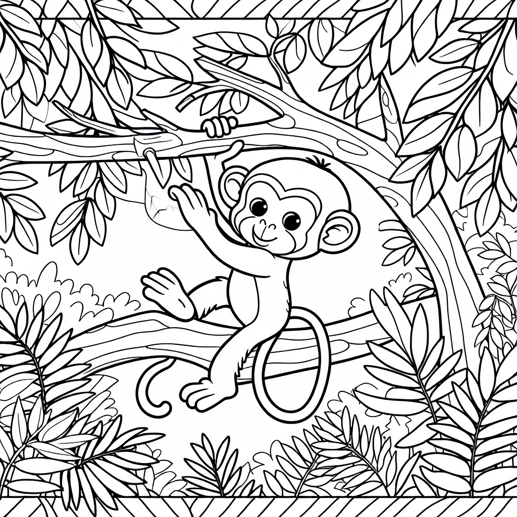 Create a basic black and white coloring book page suitable for a 7 year old. The page should feature a playful monkey climbing on tree branches, surrounded by tropical vegetation. The monkey should be outlined clearly for easy coloring.