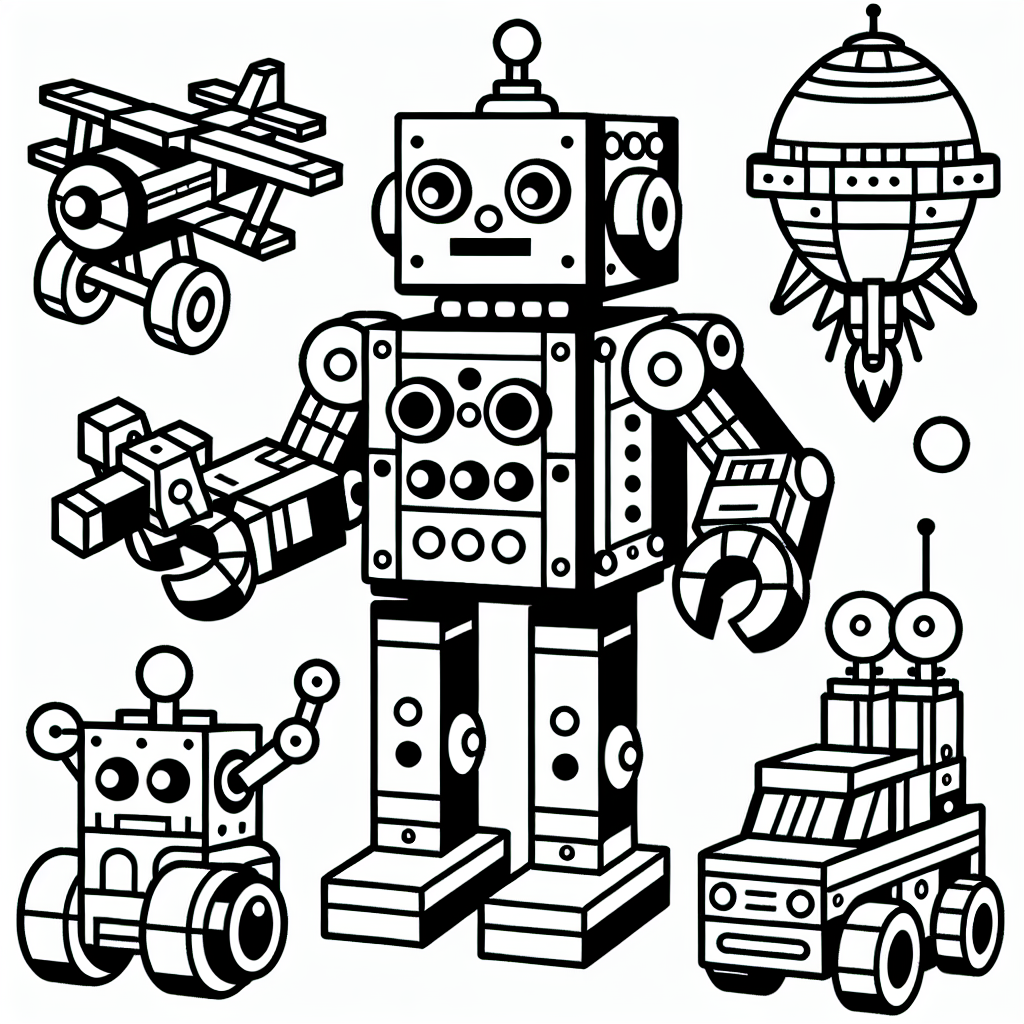Erstellen Sie eine einfache Schwarz-Weiß-Malseite, die für ein 7-Jähriges geeignet ist und blockartige Roboter mit quaderförmigen Körpern, kugelförmigen Köpfen und zylindrischen Armen und Beinen zeigt, die sich in Fahrzeuge wie Autos oder Flugzeuge verwandeln lassen