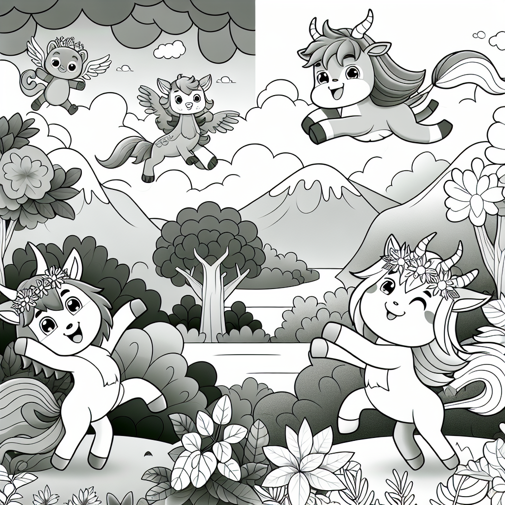 Design a grayscale, child-friendly coloring page for a 7-year-old, featuring friendly cartoon-style mythical creatures in dynamic poses. The illustration should include elements for the creatures' background such as gardens, mountains, or forests to make the scene more engaging for coloring.