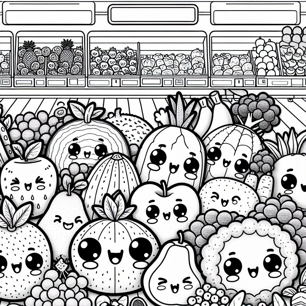 A black and white coloring page suitable for a 7-year-old child, featuring fruits and vegetables with cute faces, similar to the playful style of popular miniature characters. The design includes details like tiny eyes, mouths, and expressive faces. The setting of the page should be a grocery store with shelves and displays, creating a fun and interactive environment for the child to color, embellish, and engage their creative imagination.
