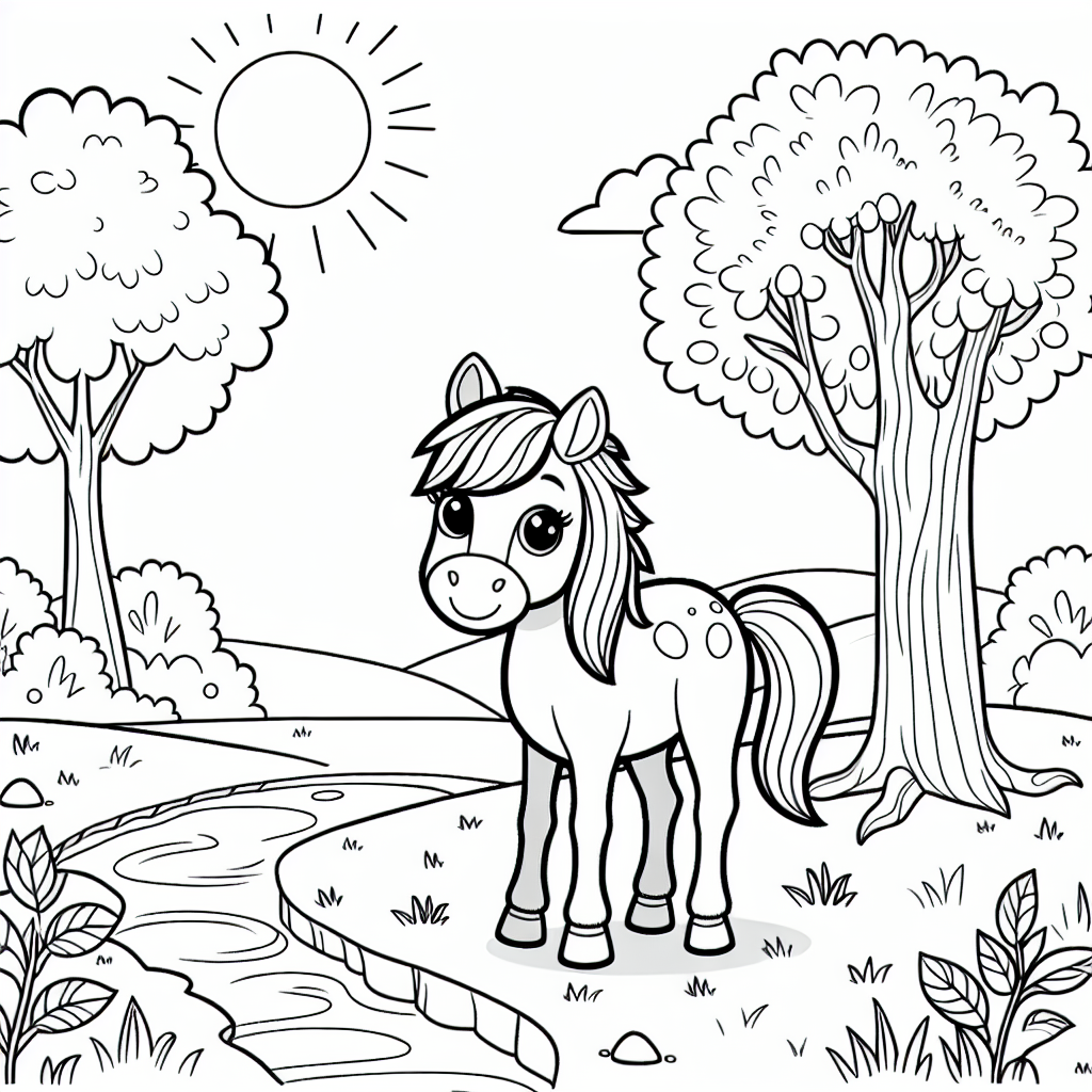 Illustrate a straightforward black and white image for a coloring book, suitable for a 7 year old. This page should prominently feature a playful and friendly horse standing in a peaceful, natural setting. To inspire creativity, the scene could include elements like a tree, some patches of grass, a small stream flowing nearby, and a bright sun shining in the sky.