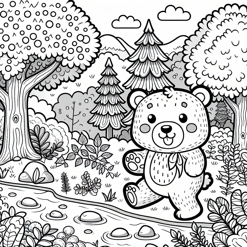Create a black and white coloring book page suitable for a 7-year-old. The design should include a friendly and playful bear, strolling through a peaceful forest. Make sure to include elements of nature such as trees, shrubs, and possibly a small stream for diversity. The image should invite creativity and be easy to color with broad areas and not too many intricate details. All elements of illustration should encourage a young mind to explore colors and engage in a fun coloring activity.