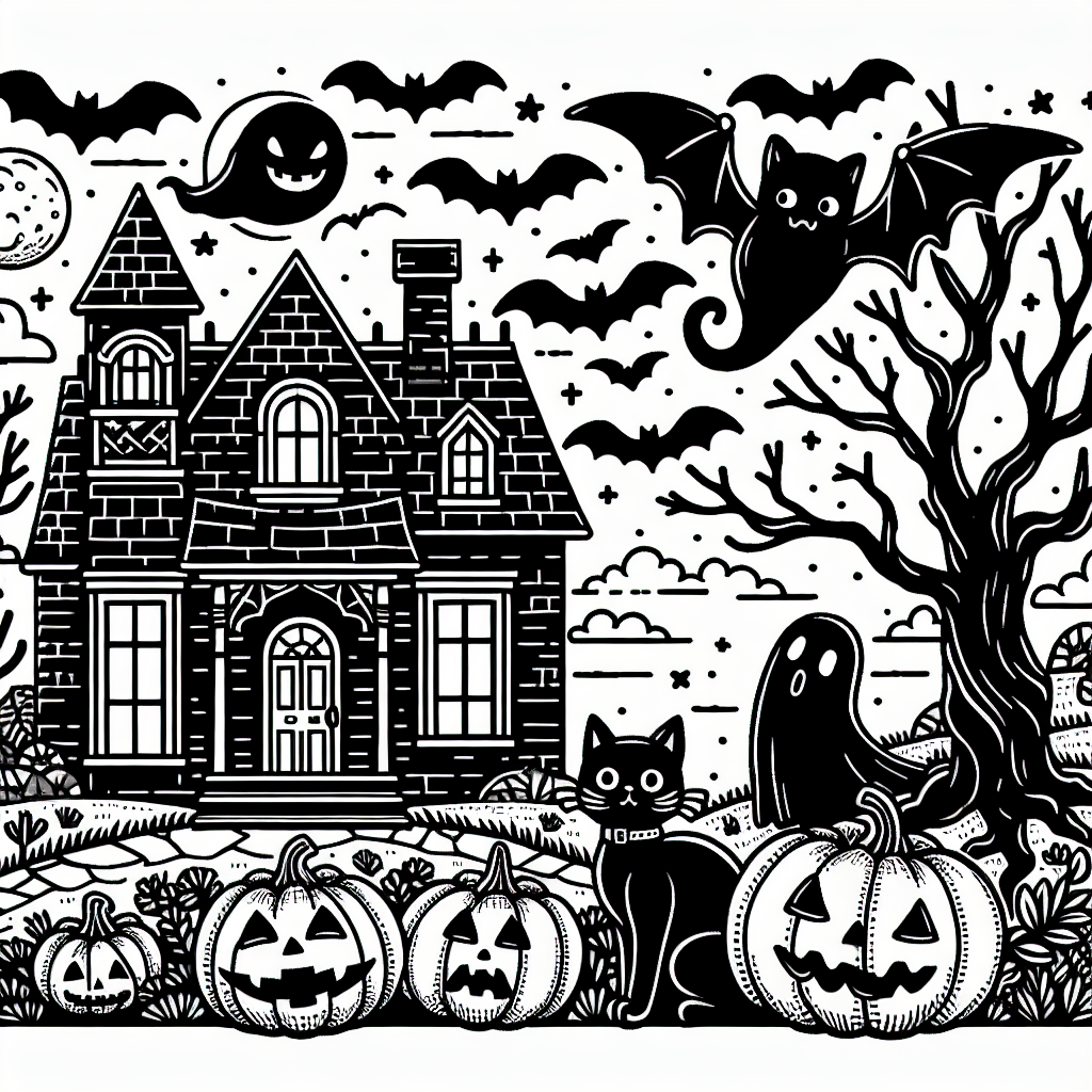 Create a black and white coloring page suitable for a 7-year-old. The design should encompass a Halloween theme, featuring elements such as a haunted house, standing on a hill, surrounded by bat silhouettes flying in the night sky. There should be a couple of carved pumpkins at the front of the house, with a scraggly, gnarled tree standing adjacent. There could also be a startled black cat with it's back arched, and a cute friendly ghost floating above the scene. The detailing should be minimal to keep it simple for the child to color.