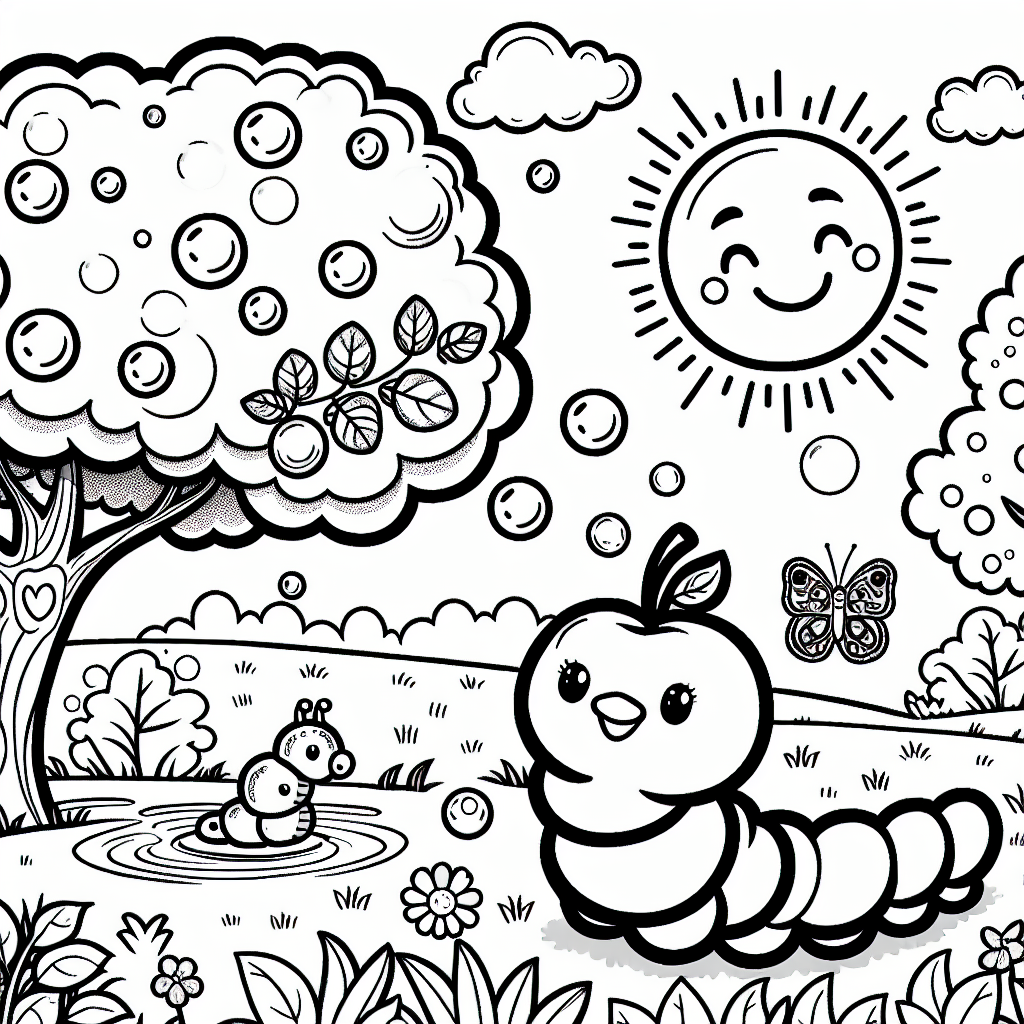 Develop a black and white coloring page appropriate for a 7-year-old. Center the image around a playful scene with bubbles in a grassy park with a sun shining in the corner and a caterpillar moseying on a leaf. Within the same scene, include an easy-to-color smiling apple tree, a duck floating in a pond and a small dog chasing its tail. Balance simplicity and detail to provide a fun and engaging coloring experience.