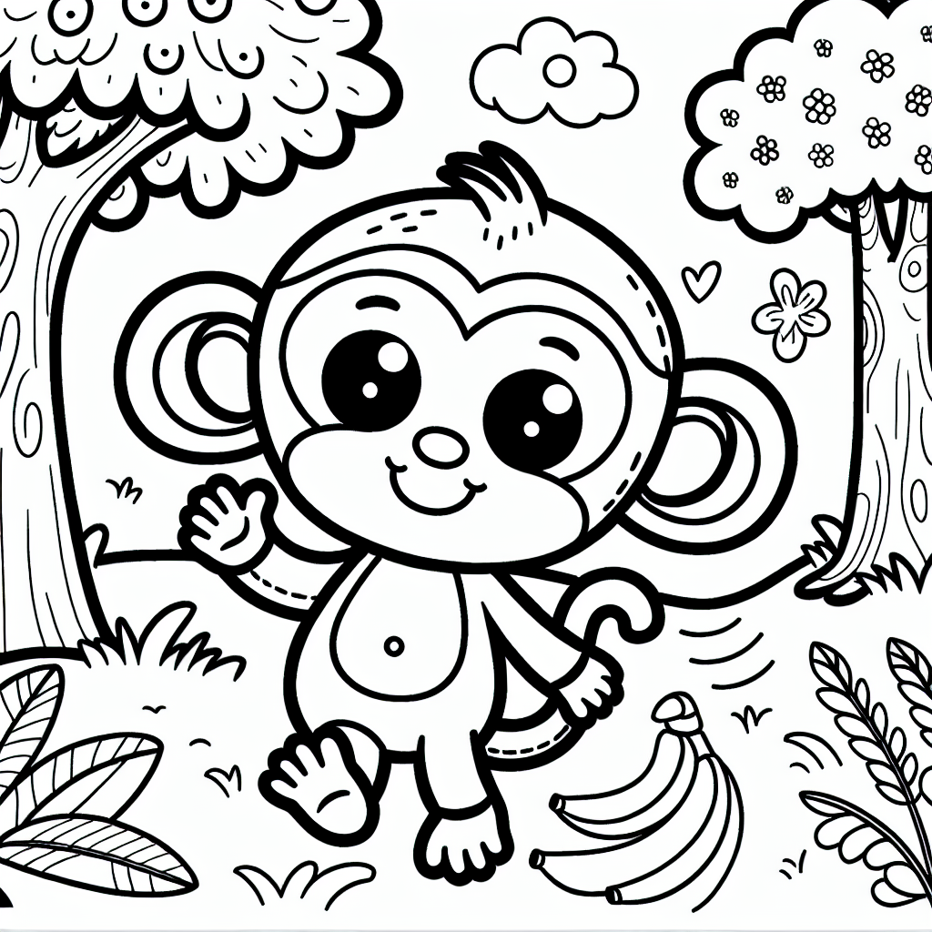 Design a black and white coloring book page suitable for a 7-year-old child. The main subject of the page should be a playful monkey, designed in a friendly and kid-friendly style. Include elements typically associated with monkeys, such as a banana, a tree, and maybe even a jungle background. Ensure the drawing is simple yet engaging for a child to color.
