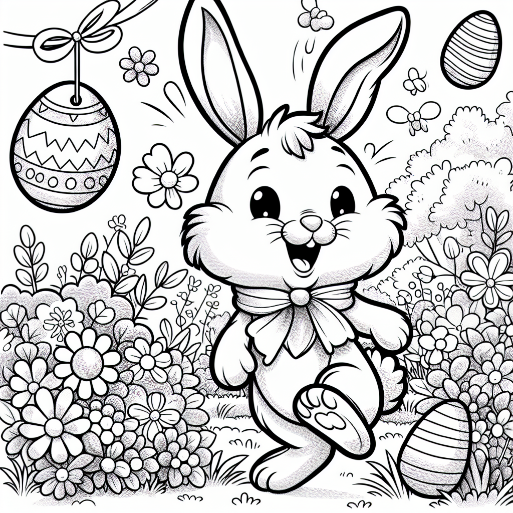 Generate a black and white coloring page suitable for a 7-year-old child, featuring a scene with an Easter bunny. The bunny is jovial, hopping around in a garden dotted with Easter eggs. The bunny could have a cute, fluffy tail, long ears with round tips, and a small button-like nose. The garden is lush with blooming flowers of all types, their outlines just waiting to be filled with color. Around the garden, there are hidden Easter eggs ready to be found. Use broad strokes and simple shapes ideal for coloring.