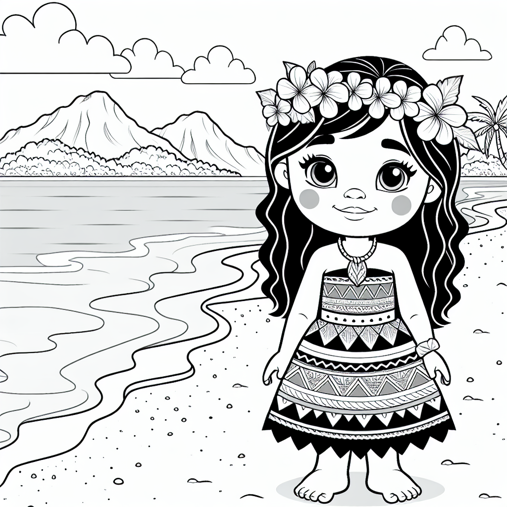 A black and white coloring book page suitable for a 7-year-old child, featuring a young Polynesian girl wearing a traditional dress. The girl is standing on a sandy beach with the ocean and a scenic tropical island in the background. The design should be simple and fun, encouraging creativity and imagination.