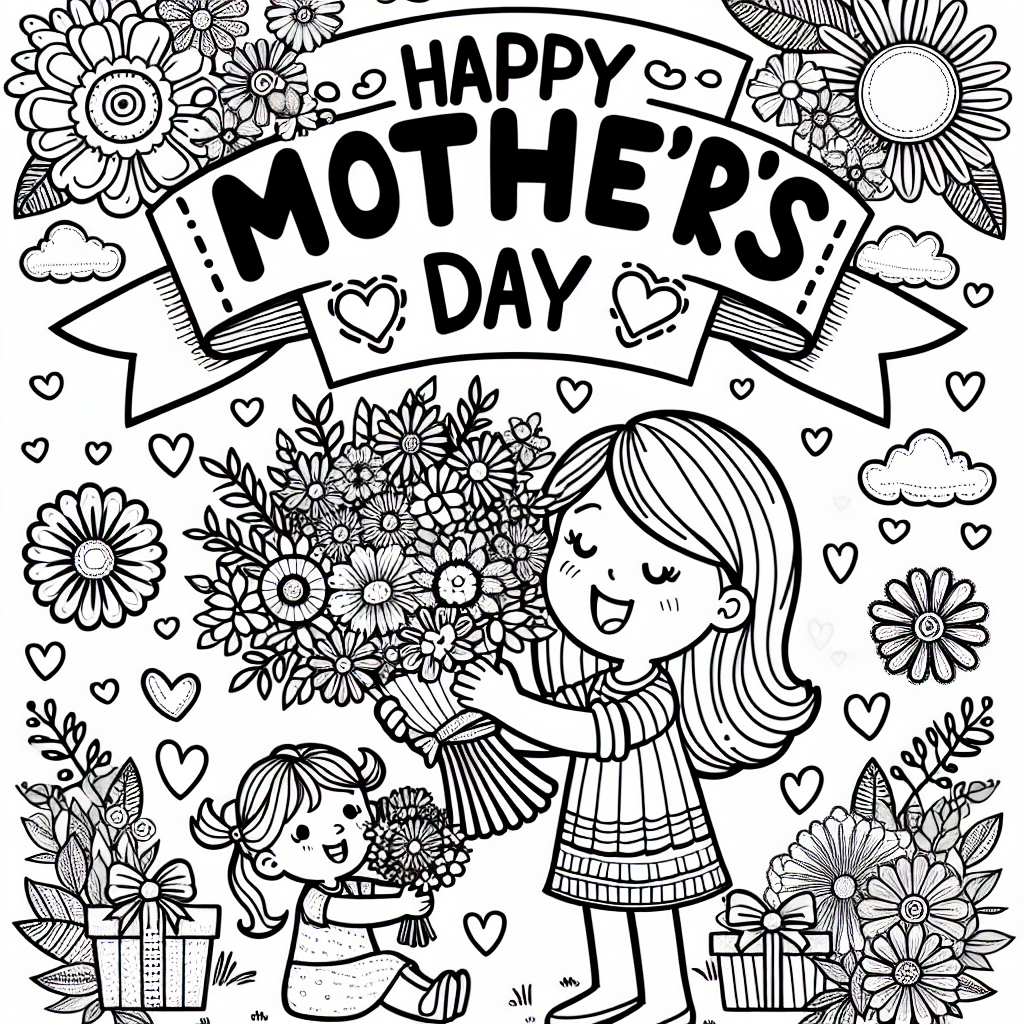 A black and white coloring page suitable for a 7-year-old child. The page should represent a Mother's Day theme which could include a child presenting their mom with a beautiful bouquet of flowers, and a banner at the top displaying 'Happy Mother's Day' in large, kid-friendly letters. There should be a range of different elements to color in the page, such as the flowers, the expressions of the child and the mother, and some background details like a bright sun and fluffy clouds, to maintain interest and encourage creativity. Remember to keep the image lines simple and clear for easier coloring.