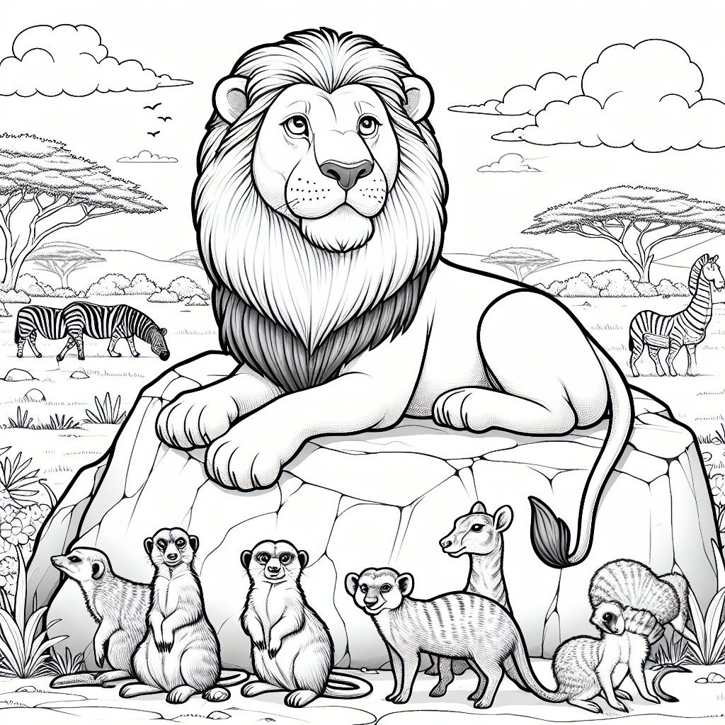 Draw a black and white coloring page suitable for a 7-year-old featuring a majestic lion sitting on a large rock, with the savannah in the background. The lion should be drawn to look friendly and approachable, rather than intimidating. Around the rock, add smaller animals like meerkats, zebras, and elephants. Please remember to outline the figures clearly so that a child can easily color them in.