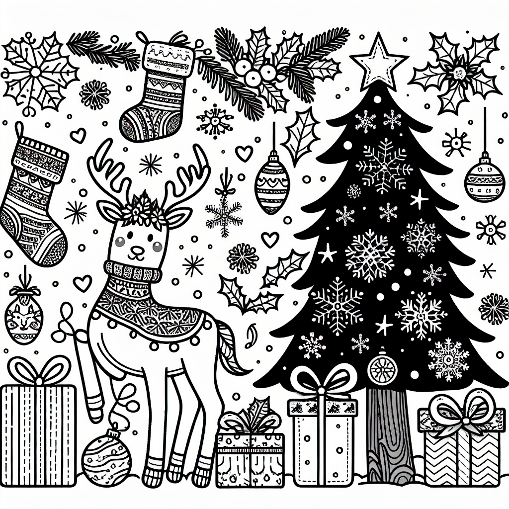 Create a black and white coloring book page suitable for a 7-year-old child. The page should showcase a Christmas theme with elements such as a decorated Christmas tree, wrapped presents, Christmas stockings, reindeers, snowflakes, and holly leaves. Remember, the design is printable and should be simple enough for a young child to color with crayons or colored pencils.
