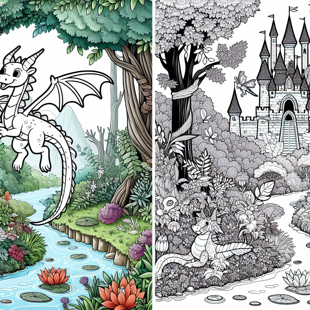 A black and white coloring book page for a 7 year old. The page features a playful scene in nature, with a friendly dragon playfully gliding above the canopy of a forest filled with various fauna. Next to the forest, there's a sparkling stream running alongside, leading to a magnificent castle with whimsical details perfect for coloring in. Please include large shapes and clear lines to suit a child's hand.