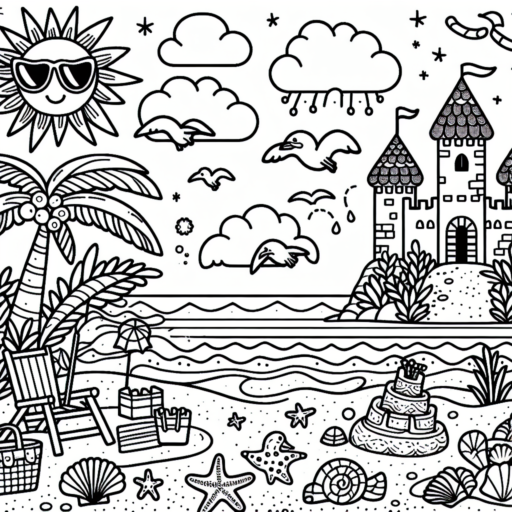 A simplistic yet engaging black and white coloring book page suitable for a 7 year old. The scene depicts a vibrant beach with notable elements like sand castles, seashells, starfish, and palm trees. Additionally, incorporate elements that children love, such as a sun wearing sunglasses, fluffy clouds, and seagulls flying overhead. A playful line drawing style is preferred, with enough spaces left for children to fill in their creative colors.