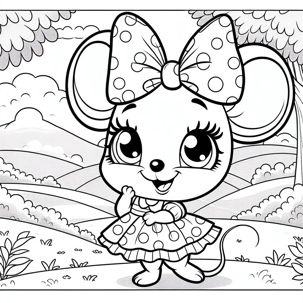 Draw a coloring book page appropriate for a 7 year old, showcasing a cheerful female mouse cartoon character, wearing a polka-dot dress and a large bow on her head. The mouse should have large expressive eyes and a friendly demeanor. The image should be in black and white, primed for coloring. The scene should be set in a peaceful countryside, with rolling hills and towering trees as a backdrop.