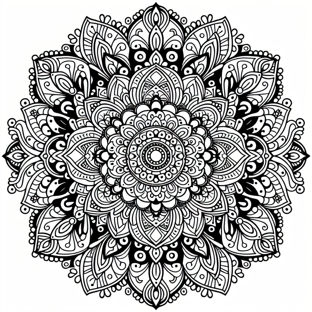A black and white, intricate mandala design suitable for a basic coloring book page for a 7-year-old child. The design should be simple yet appealing, featuring patterns that are fun and easy to fill in with colors. It must be appropriate for young children to color and enjoy. The mandala should not contain any small, complex patterns that may frustrate a young child. Instead, it should inspire creativity by presenting a canvas with clear, broad areas to color within the striking mandala pattern.