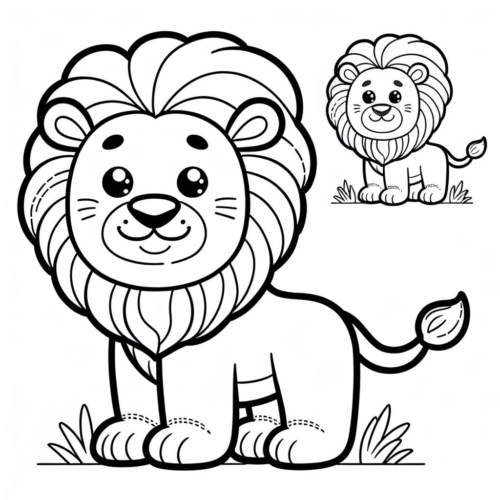 Design a black and white coloring book page, suitable for a 7-year-old child. The primary idea of this page is to depict a playful lion, with its majestic mane, sturdy body, and friendly facial expressions. Be sure to highlight key contours and elements, such as the lion's eyes, nose, mouth, and legs. Remember, the drawing should be simple yet intriguing to the young artist, encouraging creativity and imagination.