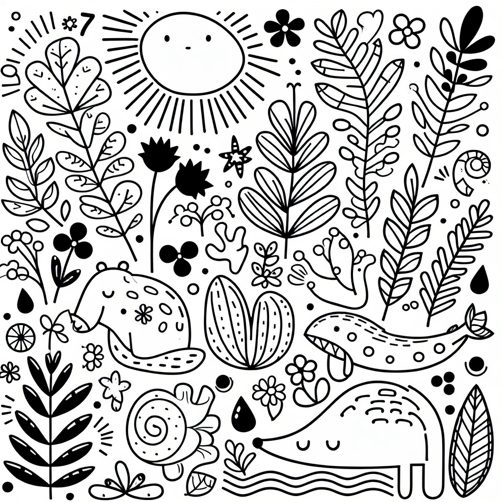 Design a black and white coloring book page suitable for a 7-year-old. The image should be simple enough for a child to color but interesting enough to hold their attention. The design could include a variety of elements such as animals, plants, or basic shapes. Please ensure the image is free from any adult content, and is printable in a standard paper size.