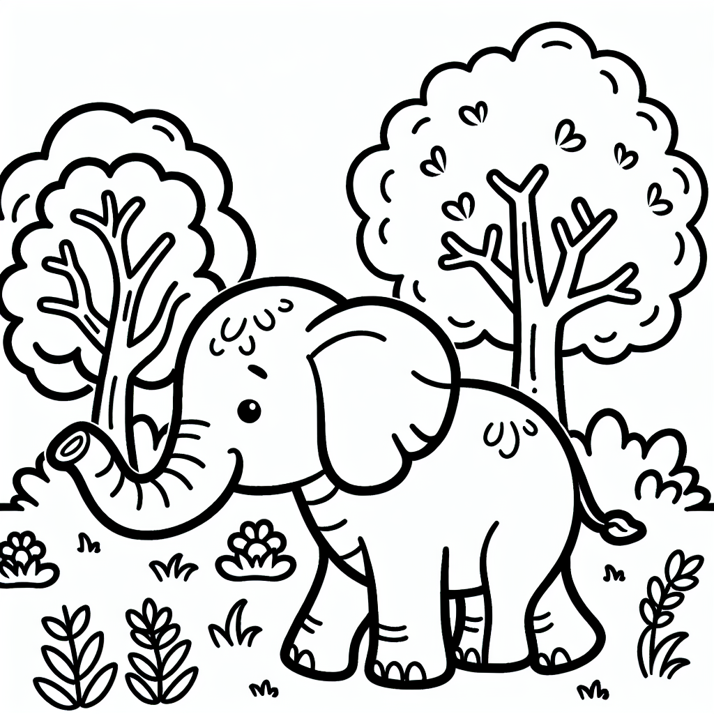 Create a simple, child-friendly black and white coloring page designed for a 7-year-old featuring an elephant. The image should have clear, thick outlines for easy coloring and should incorporate elements like trees and grass to make the scene more engaging. Please ensure all details are appropriately simplified and visually appealing to cater to a young child's artistic sensibilities and fine motor skills.