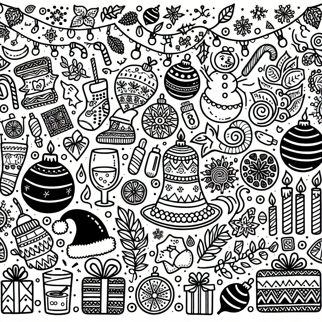 Create a black and white coloring page suitable for a 7-year-old child. The theme of the page should be holiday celebrations. The page can contain elements such as festive decorations, symbols, holiday characters (not copyrighted), and holiday-themed items. Make sure it has a balanced mix of larger shapes for easier coloring and smaller details for children to exercise their fine motor skills, all while maintaining age-appropriate complexity.