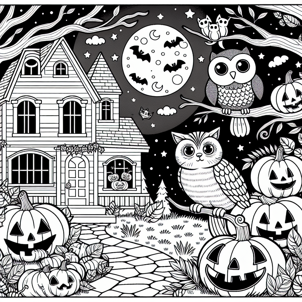 Create a black and white coloring book page suitable for a 7-year-old. The page should feature a Halloween theme including elements such as a haunted house, friendly ghosts, pumpkins carved into jack-o'-lanterns, an owl settled on a branch, a full moon and a cat crossing the path. The elements should be simple and clear to make them easy for a child to color.