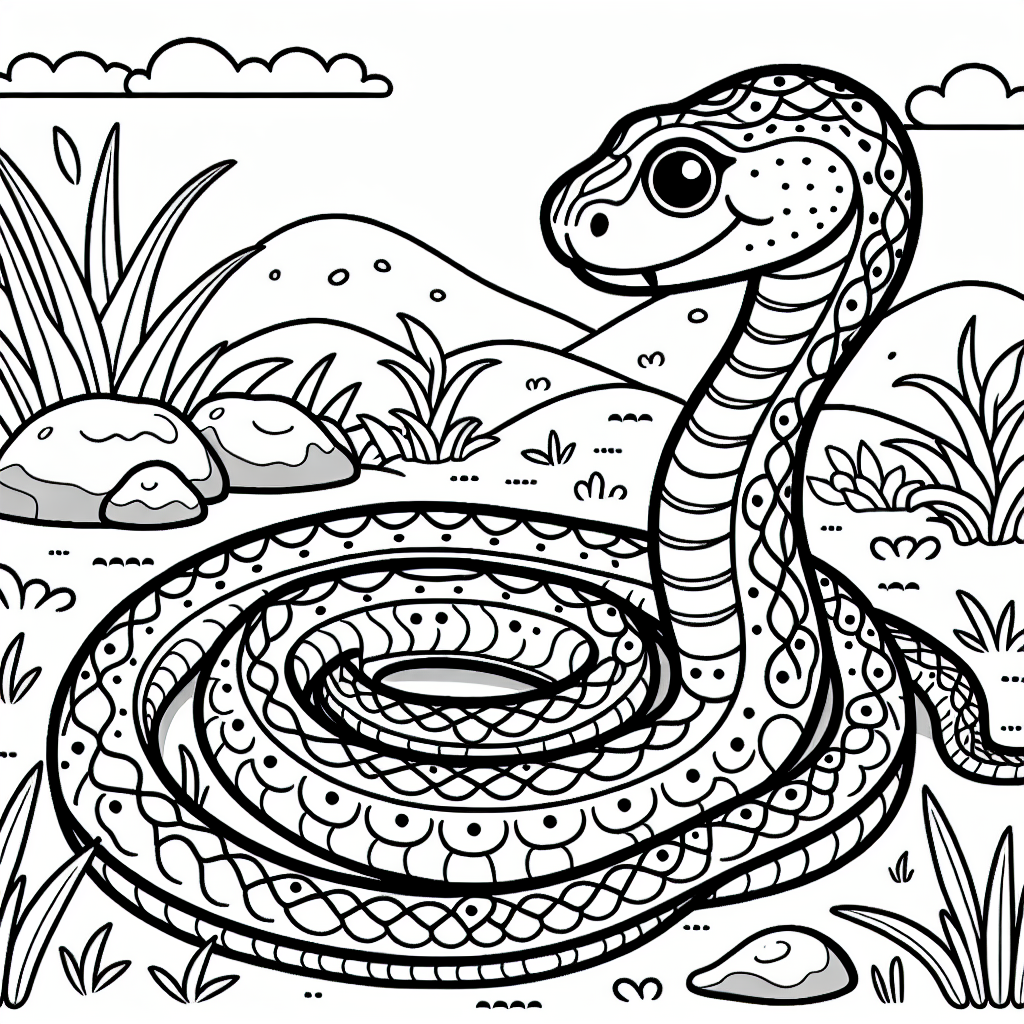 Design a simple, black and white coloring page suitable for a 7-year-old child. The picture should be of a lively snake, coiled and ready to play. The snake should have intricately detailed scales for the child to fill in with color. The background should feature a natural environment like grass and rocks, but remember to keep it easy for the child to color without straying over the lines.