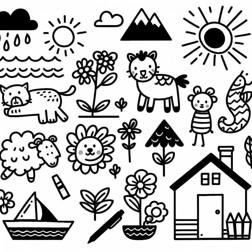 Create a simple black and white coloring book page suitable for a 7-year-old. The page should contain uncomplicated shapes, objects and characters that young children find appealing and easy to color such as animals, sun, trees, flowers, beach scene, and a simple house.