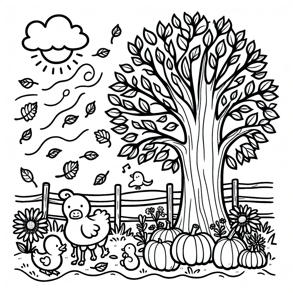 Design a simple black and white coloring page suitable for a 7-year-old, with a theme of fall. The page should include a central image of a thick-trunked tree with leaves falling, a couple of pumpkins of different sizes placed on the ground, and a few farm animals such as cows and ducks. There should be a cool breeze signified with curved lines and a little sun peeping out from behind a cloud. Add some fall flowers too like chrysanthemums or sunflowers. All the elements should be outlined carefully for easy coloring.