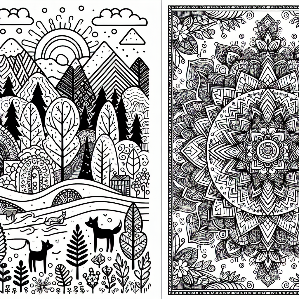 Create a black and white coloring book page suitable for a 7 year old child. The page should feature age-appropriate content like a landscape with trees, animals or shapes. Additionally, create another black and white coloring page aimed at adults. This should contain more complex designs like intricate patterns, mandalas or detailed architectural features. Both pages should be printer-friendly and free to use.