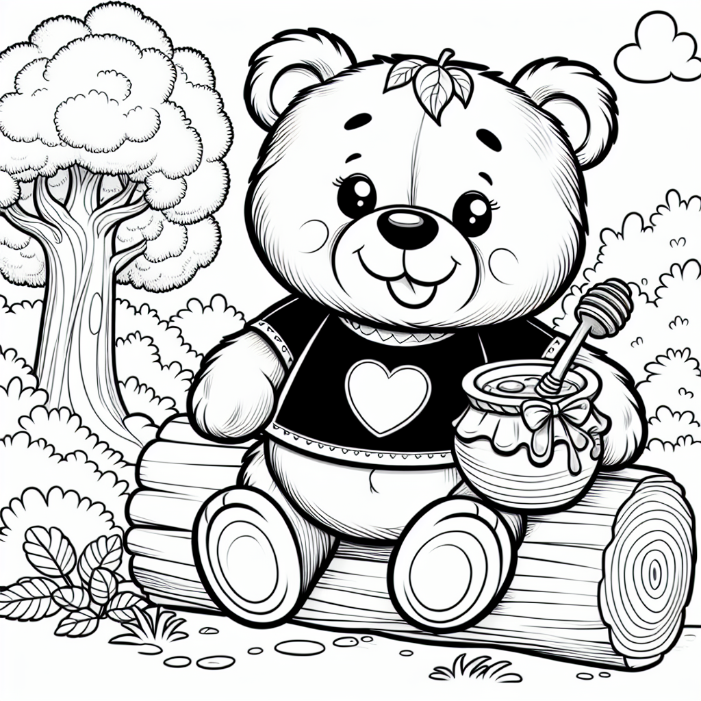 Create a black and white coloring page for a 7-year-old, depicting a teddy bear in a red t-shirt, honey pot in hand, sitting on a log in a friendly forest setting. The bear has very round shapes with a big belly and a lovable expression.