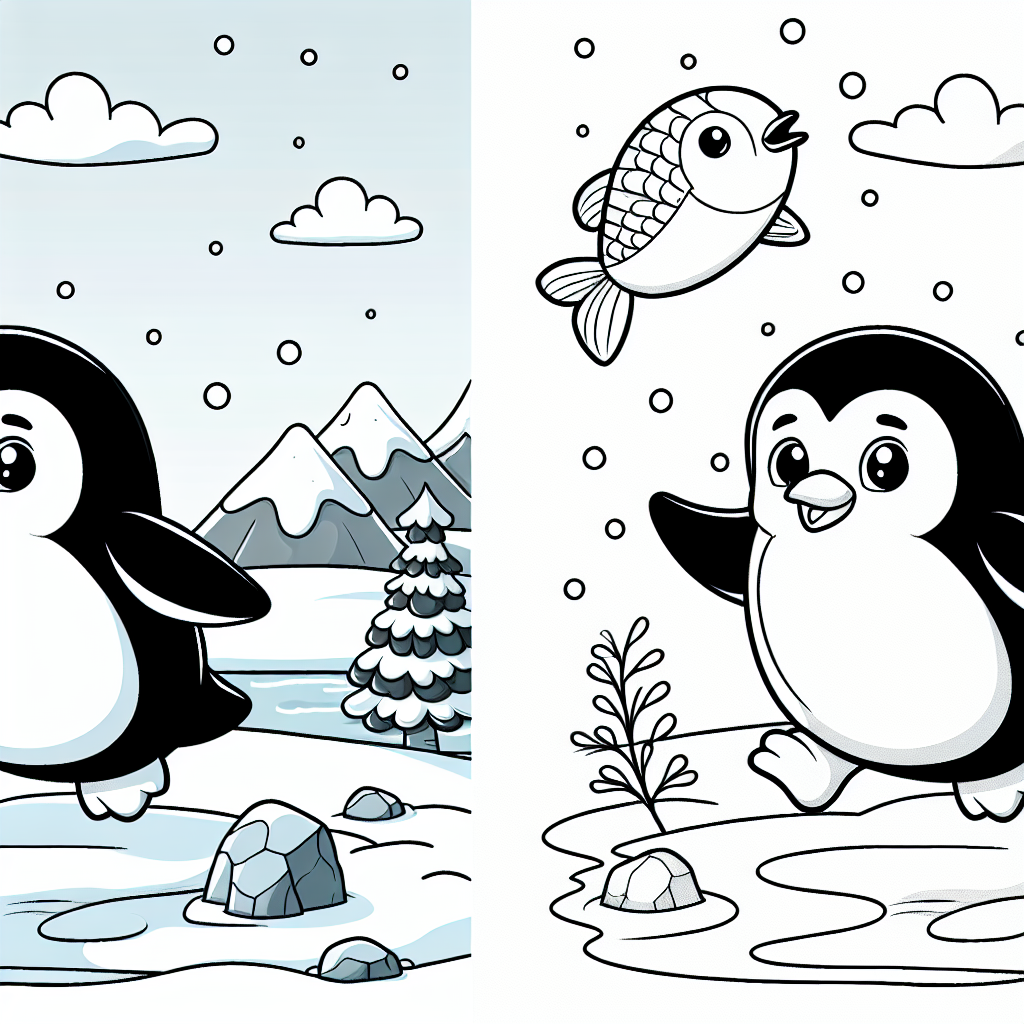 Design a black and white coloring page that would be suitable for a seven-year-old child. The page should feature a friendly, simplistic penguin in a playful stance, keeping in mind the drawing complexity that a seven year old can handle. Include some background scenery like snow, rocks, and perhaps a fish jumping out of water. The image must be uncolored, resembling a traditional coloring book page.