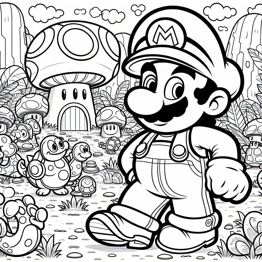 Create a basic black and white coloring book page suitable for a 7-year-old. The scene should depict a friendly plumber in overalls, a red cap, and boots, in a magical kingdom filled with mushroom-shaped houses and odd looking reptile creatures. Please avoid any identifiable elements of known characters to maintain uniqueness.