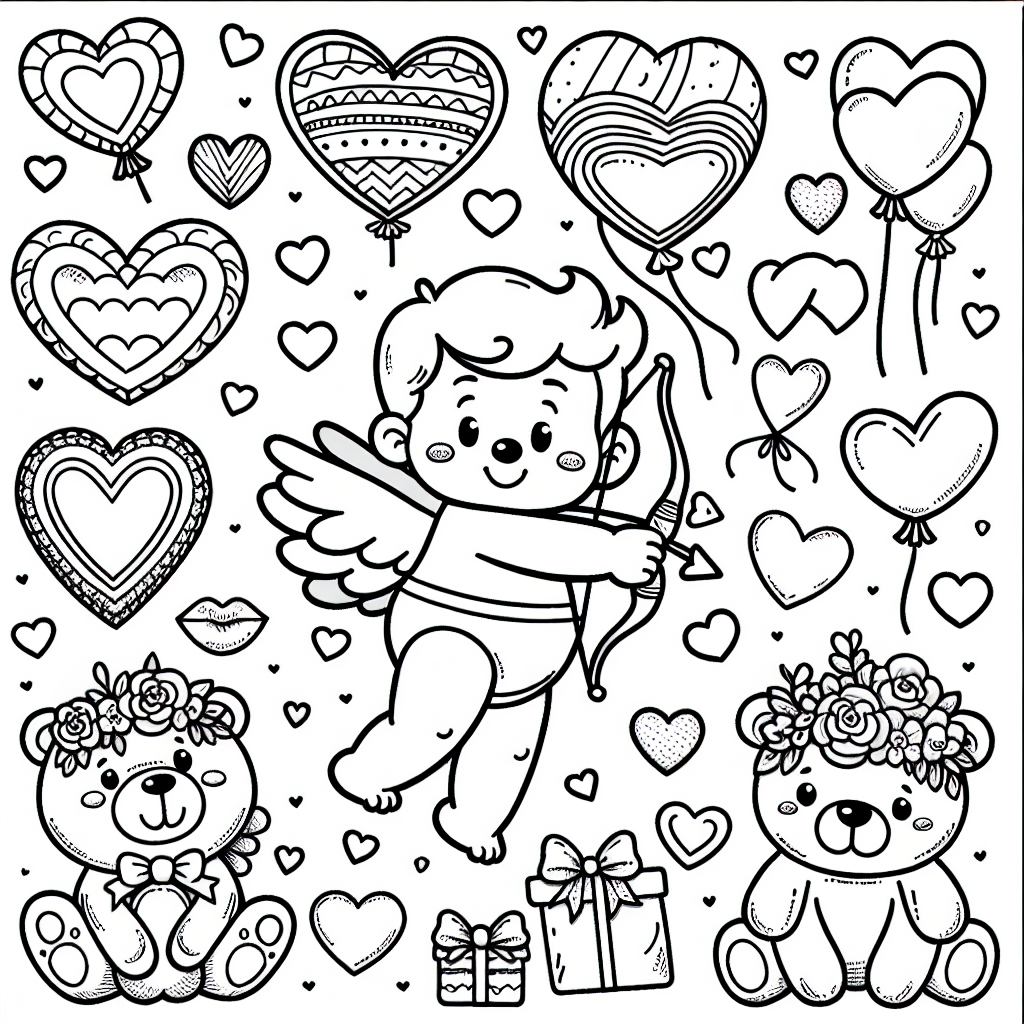 A basic black and white coloring book page apt for a 7-year-old. The theme is Valentine's Day. The page can include outlines of heart shapes in various sizes, some adorned with ribbons or simple patterns. In addition, there might be a depiction of a friendly chubby cupid with his bow and arrow and cute animals such as teddy bears holding heart-shaped balloons. Characters and objects should be designed in a simple and fun style to allow the child to color between the lines easily.