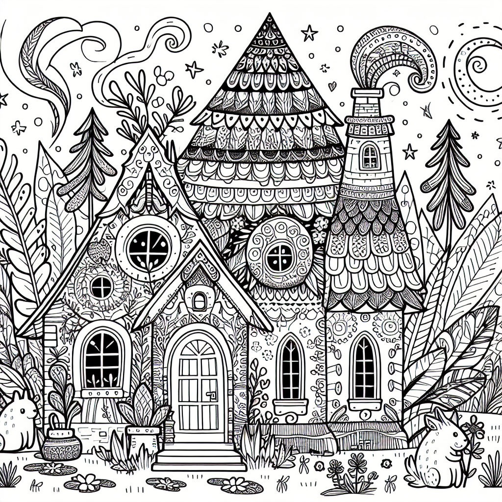Create a black and white coloring page suitable for a 7-year-old based on a whimsical and magical house setting. The house should be intricately designed with an array of unusual or irregular shapes, indicating a sense of magic and charm. The page should include lively plants and flowers surrounding the house, and also contain a few cute, nondescript animals frolicking around in the foreground. Remember to keep the image simple and clean, making it easy for a young child to color.