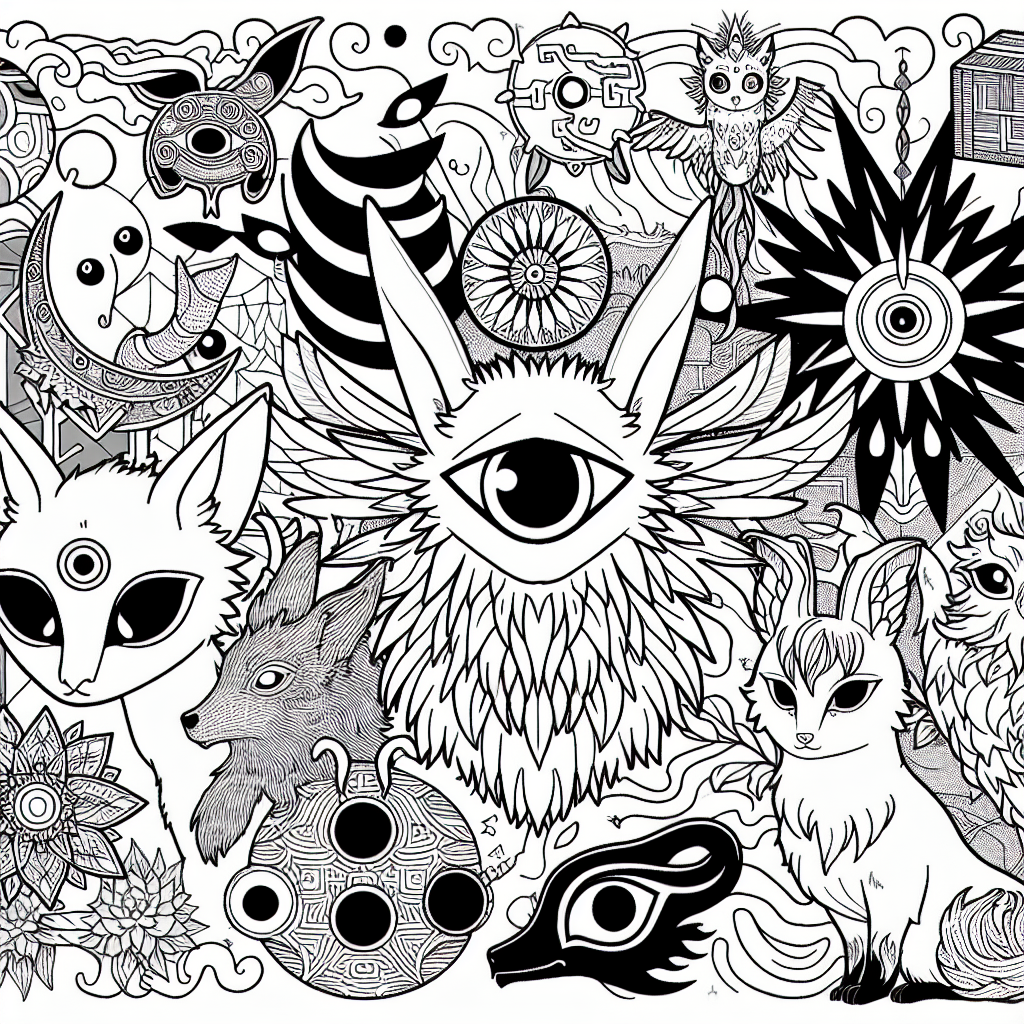 Generate a black and white coloring book page suitable for a 7-year-old. It should contain generic elements of a fantasy creatures series such as mystical animals with unique elements like angular bodies, circular eyes, pointy ears, and expressive faces. Also include playful elements reminiscent of animated Japanese cultural references like mythical environments, magical items, and iconic symbols.