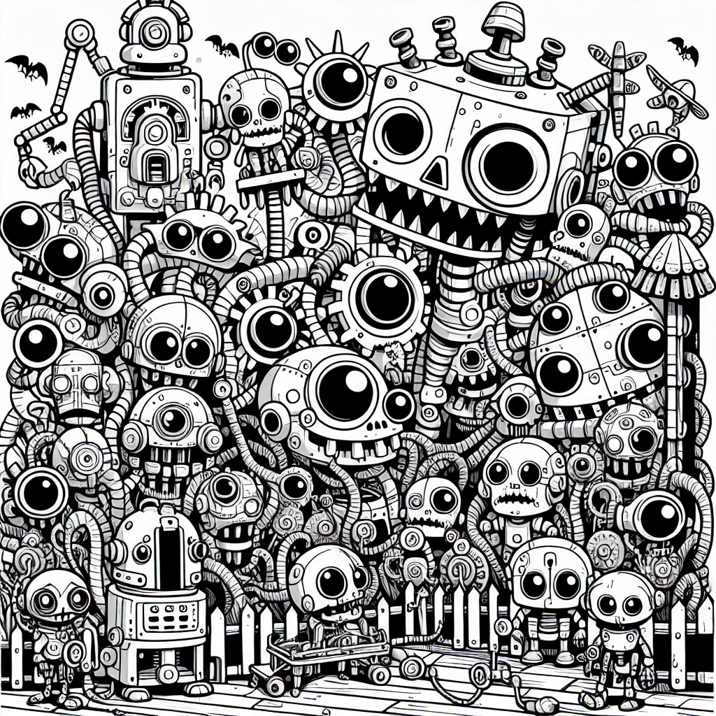 Create a black and white, child-friendly coloring page that resembles the theme of a spooky machinery-themed amusement park. The page should feature a cluster of anthropomorphic, cartoon versions of mechanical contraptions such as robots and machines, exuding a playful, eerie aura suitable for a 7-year-old's coloring activity.