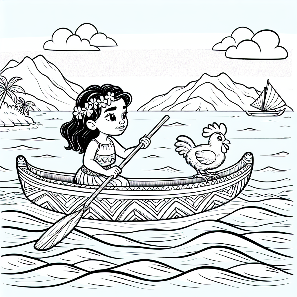 Create a simple black and white coloring page suitable for a 7-year-old. The page should depict a young Polynesian girl navigating on a traditional canoe across the vast Pacific Ocean, with her loyal pet chicken by her side.
