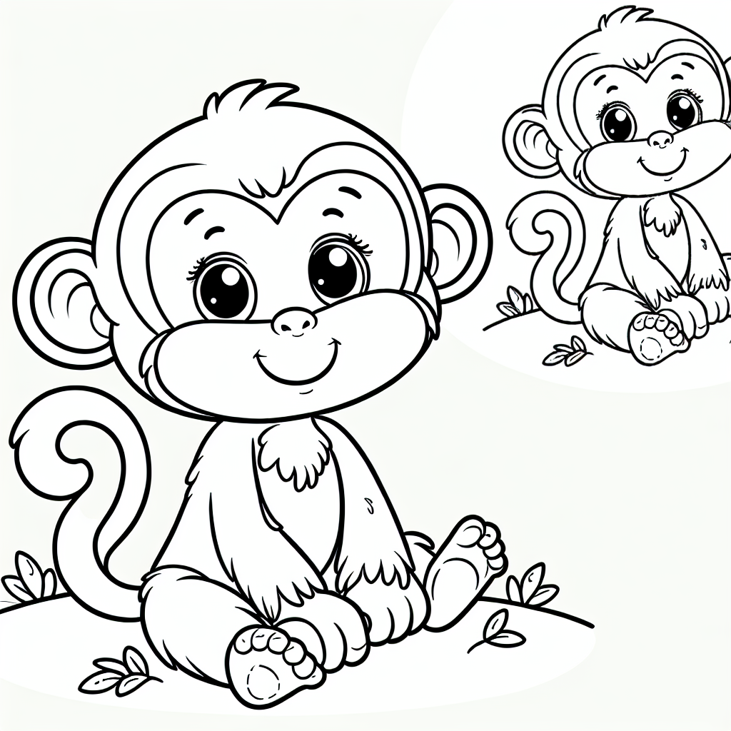 An outline illustration, perfect for a coloring book page suited for a 7-year-old child. The main subject of the page should be a friendly and engaging monkey, illustrated in a playful and age-appropriate style. The picture should not include any colors, to allow the child to apply their artistic creativity.