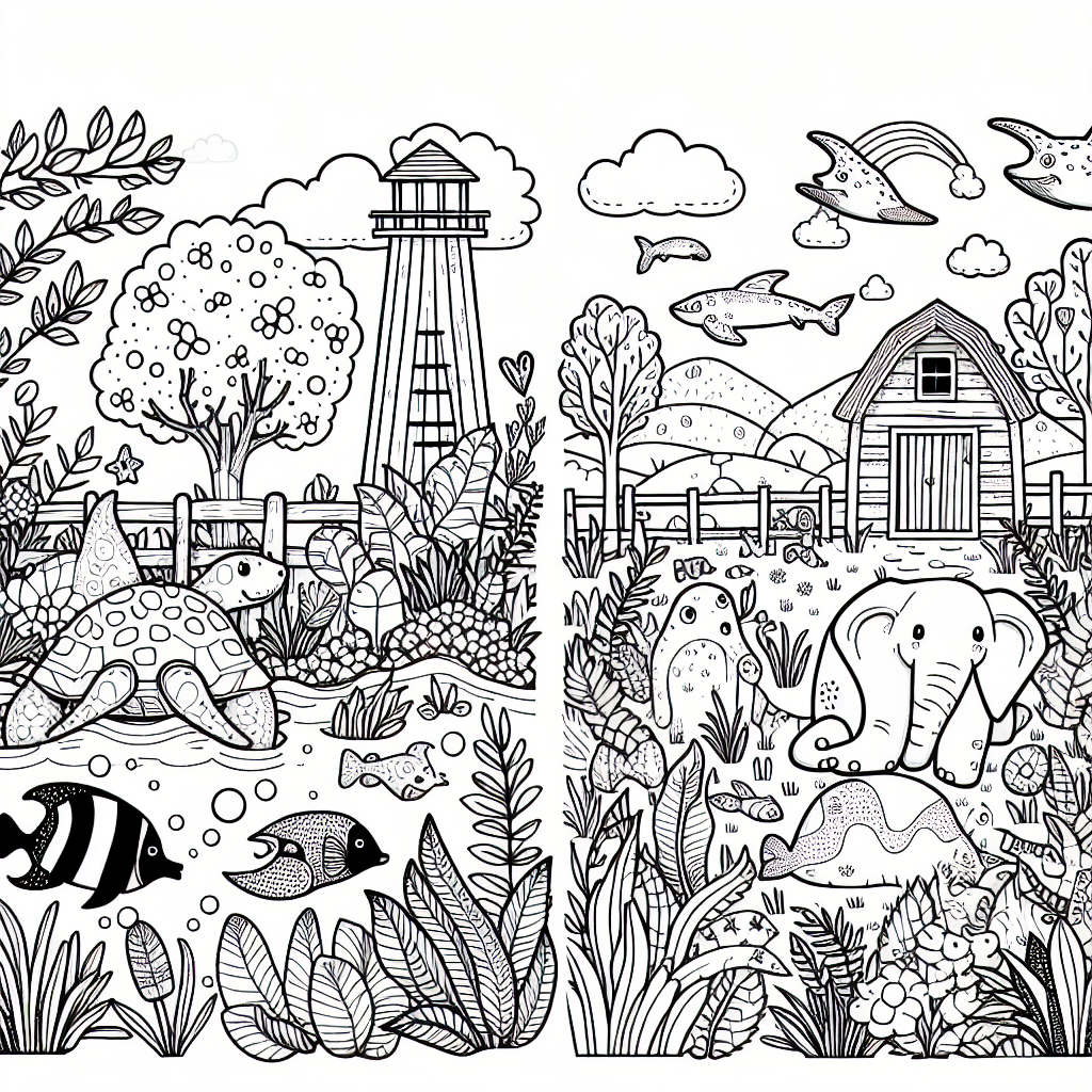 Create a black and white coloring book page suitable for a 7-year-old. The design should be simple and engaging, promoting creativity and imagination. It could include elements such as a jungle scene with a variety of animals, a picturesque farm, or an underwater exploration theme with marine creatures. Remember, the details should be big and simple enough for a child of this age to color in.