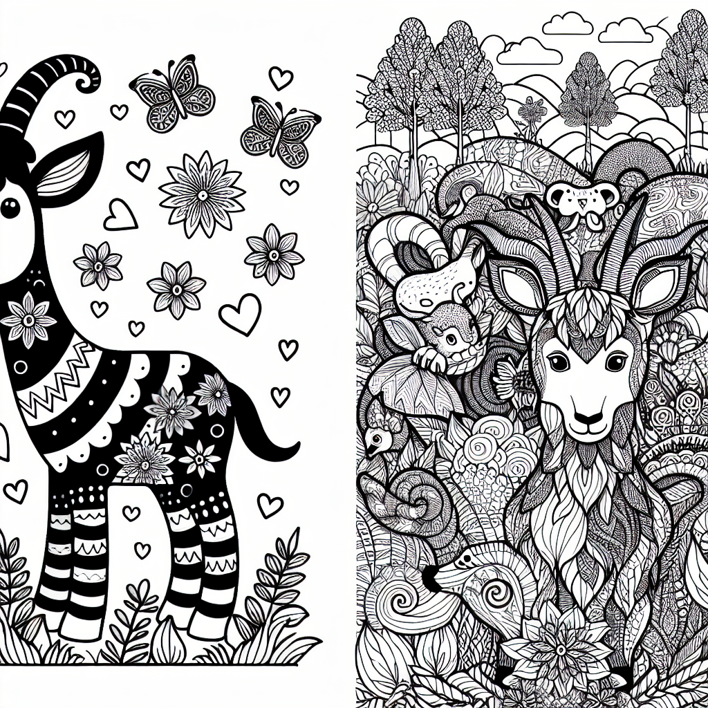 Generate a black and white coloring page suitable for a 7-year-old child, featuring a simple and fun depiction of animals in playful scenarios. Alongside that, create another black and white coloring page designed for adults, showcasing intricate and detailed designs of animals in natural settings, allowing for complex and therapeutic coloring opportunities.