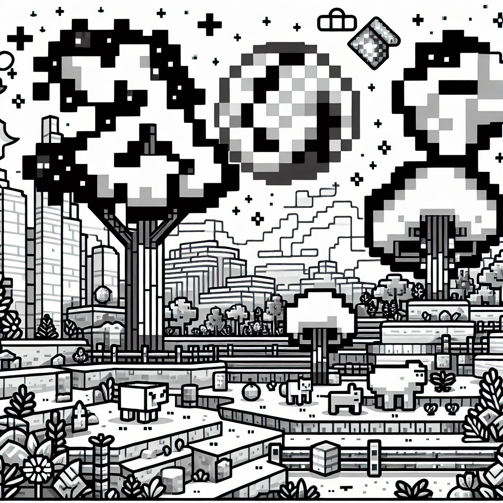 Generate a black and white coloring page suitable for a 7 year old. The scene should depict a fantasy environment with pixelated style design reminiscent of a popular sandbox video game. Include elements like trees, geometric animals, and block-shaped buildings, to capture the essence of cubic world-building and exploration.