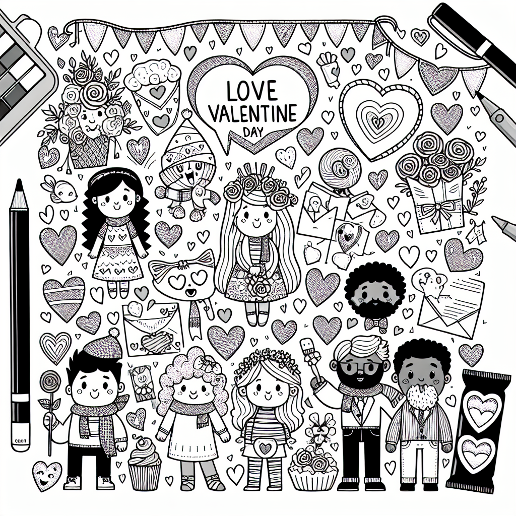 Design a black and white coloring book page suitable for a seven year old child on the theme of Valentine's Day. The page should be filled with fun, diverse characters celebrating love and friendship. Include imagery such as hearts, flowers, chocolates, and handwritten letters to make it valentine-themed. Ensure to feature characters of varying genders and descents like Caucasian, Hispanic, Middle-Eastern and South Asian, fostering an inclusive representation. Make sure to leave ample spaces within the drawings to allow the child to apply their creativity in coloring the page.