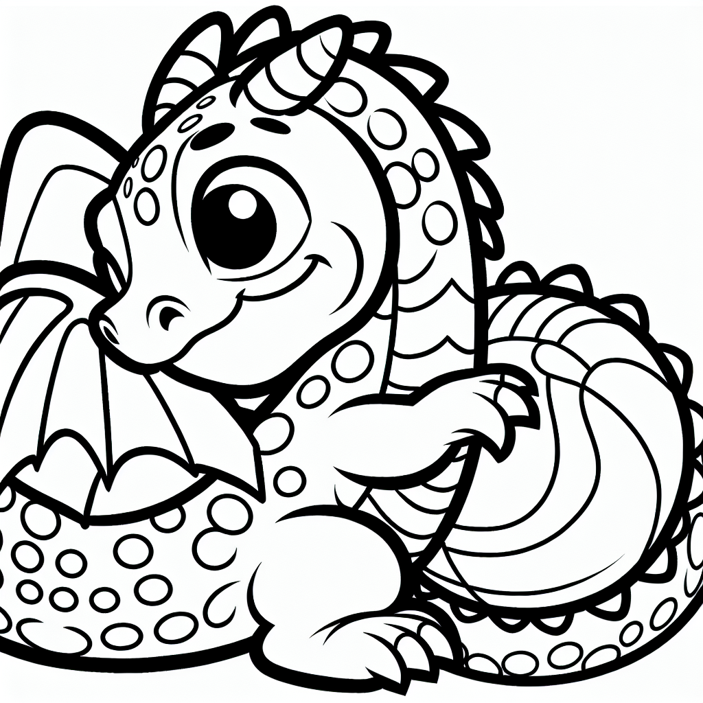 Generate a simple and child-friendly black and white coloring book page featuring a dragon playing with a ball. This image should be appropriate for seven-year-olds to color. The dragon should have prominent scales, lively eyes, and playful demeanor as it interacts with the ball and create a scene that can captivate a child’s interest.