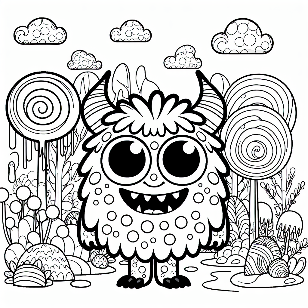 Create a black and white coloring book page suitable for a 7-year-old. The image should display a friendly monster with a wide grin, big round eyes, feathery horns, polka-dotted body, and fluffy tail. The monster should be standing in a fantastical landscape filled with candy-shaped trees, a river of slime, and clouds resembling cotton candy.