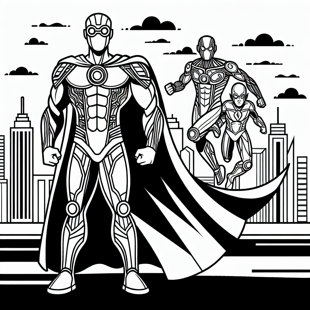 Design a simple black and white coloring book page suitable for a seven-year-old child with elements of superheroes. The page should include a muscular figure with a cape, a character in a suit with intricate gadgets, and a swift figure in a tight attire, all possessing characteristic superhero poses and looks, in a city skyline backdrop ready to save the day. Please keep it generic without referencing specific copyrighted characters.
